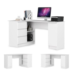 Piękne, nowoczesne biurko narożne 155 cm z 3 szufladami i 1 drzwiami po prawej/lewej stronie Białe