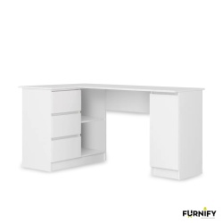 Piękne, nowoczesne biurko narożne 155 cm z 3 szufladami i 1 drzwiami po prawej/lewej stronie Białe